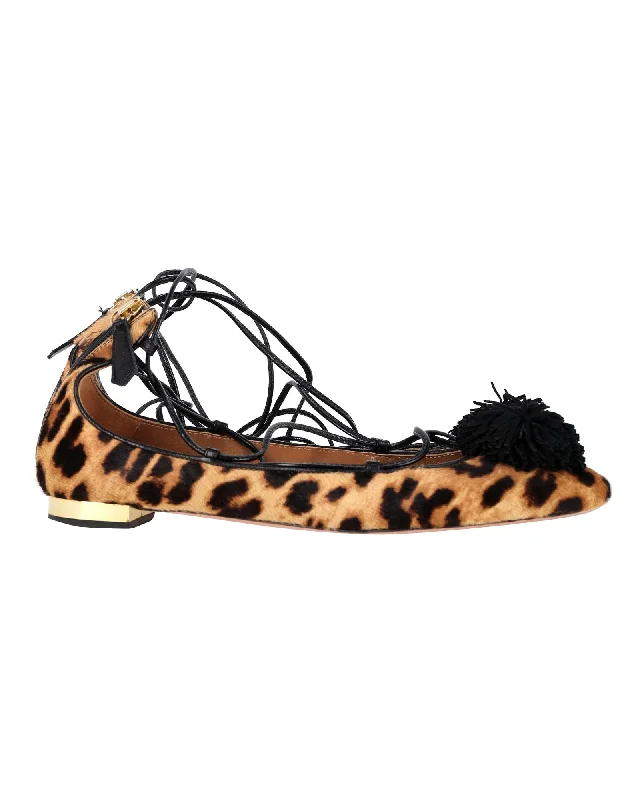 Aquazzura Sunshine Leopard-Print Lace-Up Ballerina Flats in Brown Leather