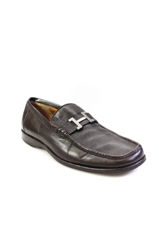 Hermes Mens Slip On Square Toe H Logo Loafers Brown Leather