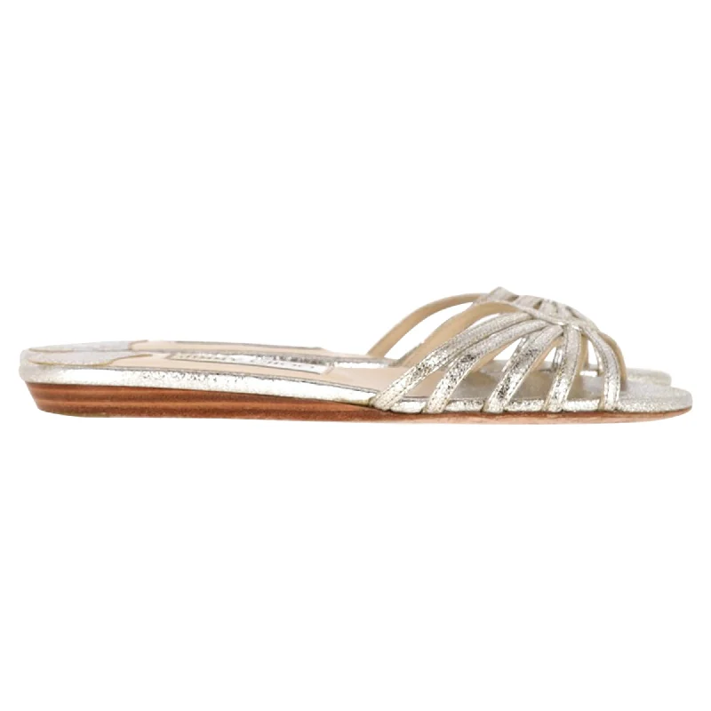 Jimmy Choo Flat Slip-On Sandals in Metallic Silver Leather