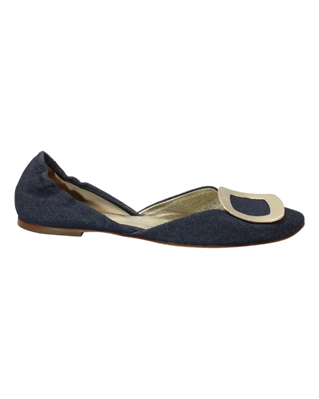 Roger Vivier Chip Buckle D'orsay Flats in Navy Blue Denim