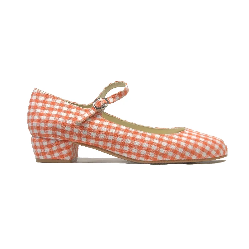 Daring Fashion Promotions 'Gracie' Mary-Jane tangerine gingham textile Low-Heels  by Zette Shoes