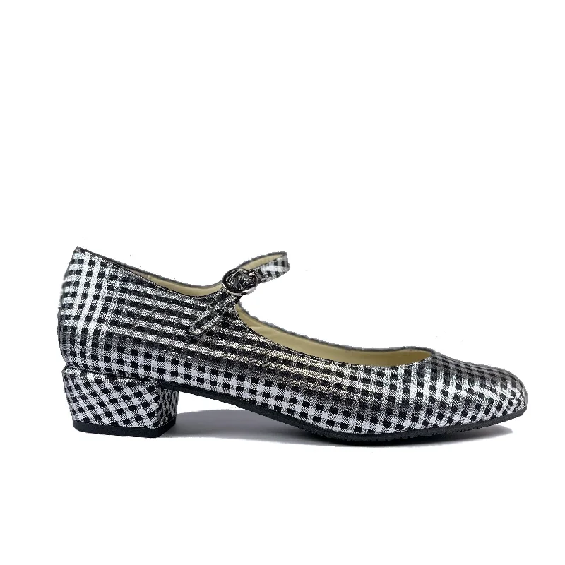 Streetwear-Inspired Footwear 'Gracie' Mary-Jane vegan Low-Heels by Zette Shoes - Silver/black gingham