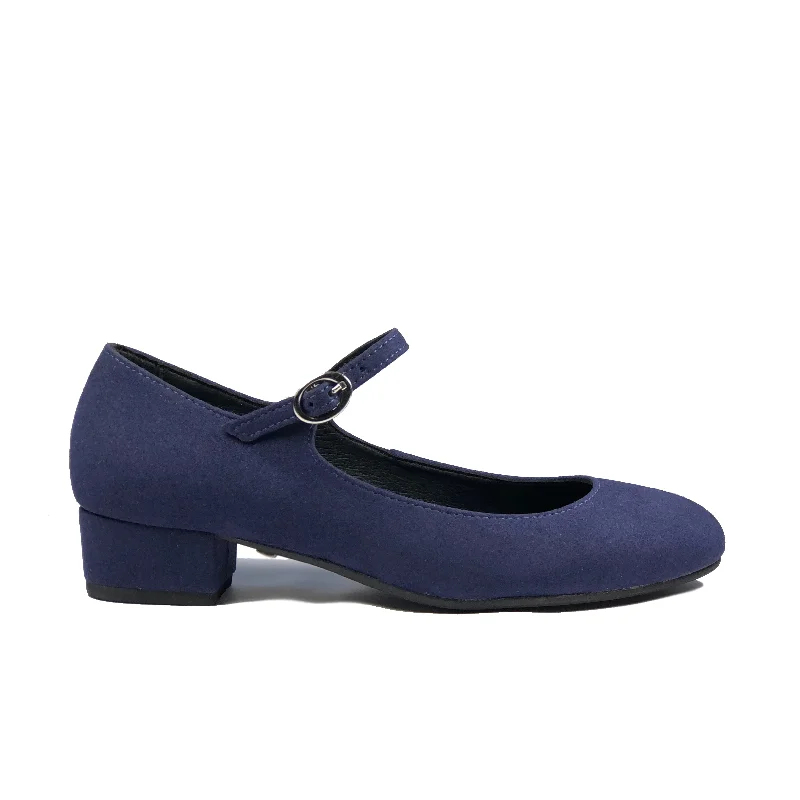 Comfortable Flats Sale 'Gracie' Mary-Jane Vegan Low-Heels by Zette Shoes - Navy Suede