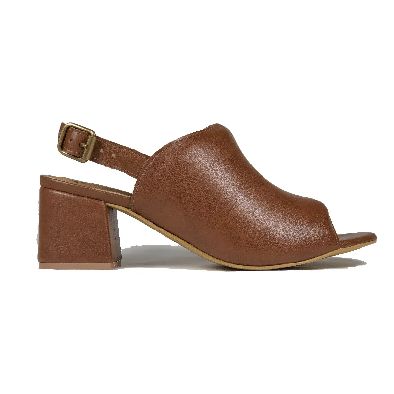 Vintage-Inspired Style Offers 'Iolanda' vegan women's open-toe block heel by Ahimsa - cognac