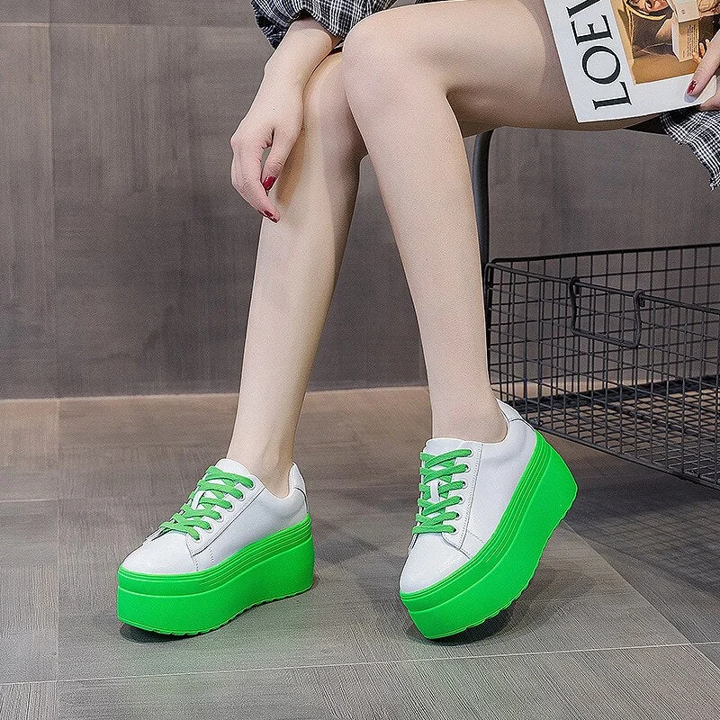 Feminine Fashion Sale Women's Genuine Leather Green White 8cm Platform Wedge Sneakers Shoes